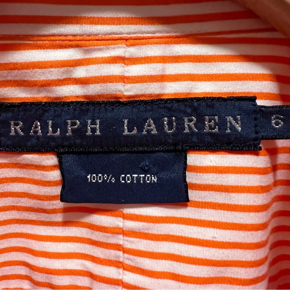 RALPH LAUREN Striped Cotton Ruffle Bib Blouse Orange White Button Small - Picture 2 of 5